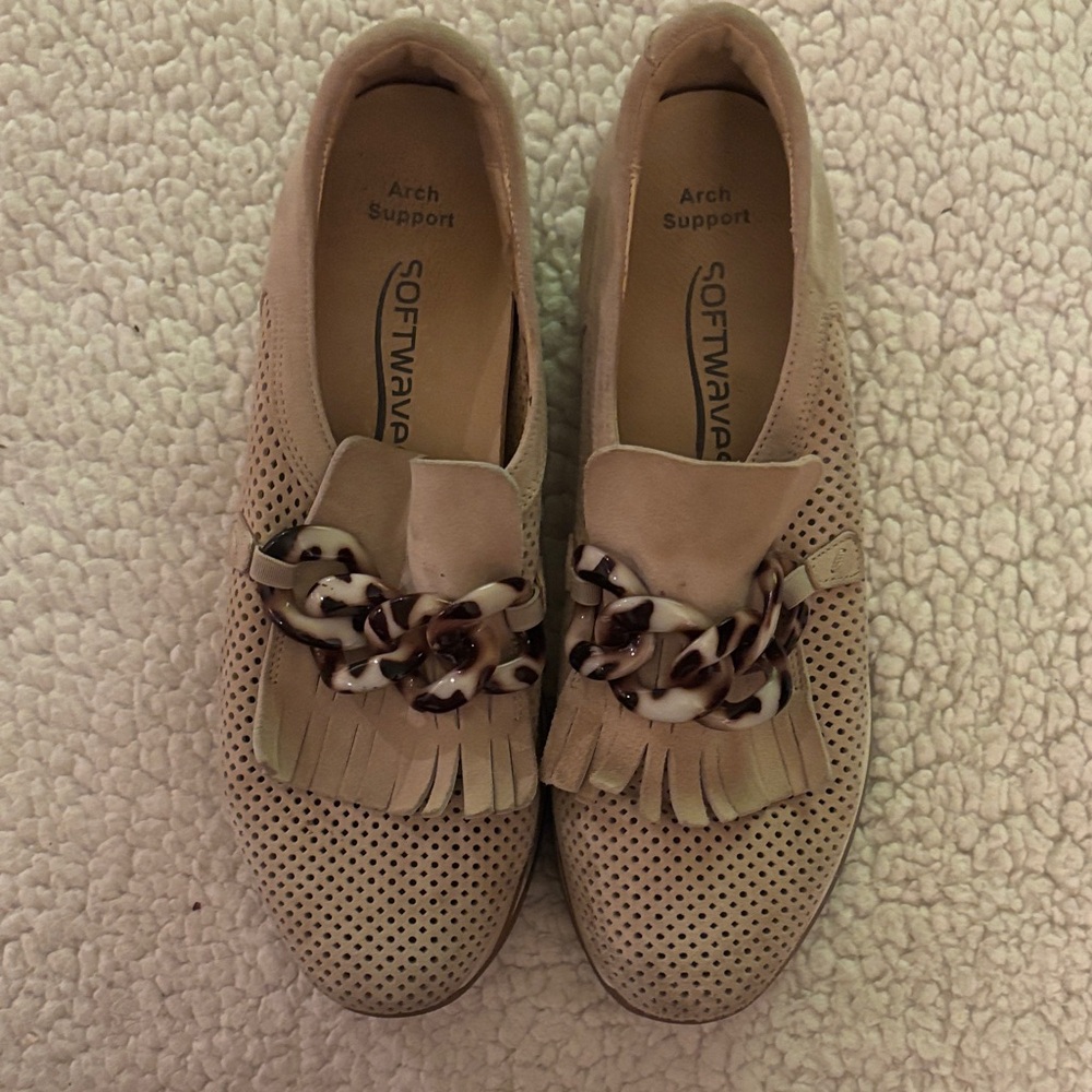 Softwaves Women's Taupe Perforated Loafers with Chain Accent